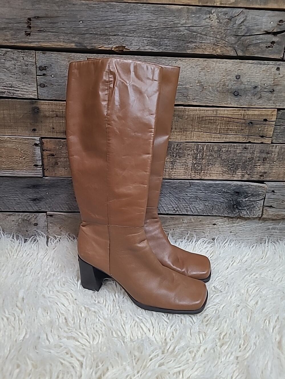 90s Y2K Capezio Camel Leather Knee High Boots 8.5 Square Toe Chunky Block Heel